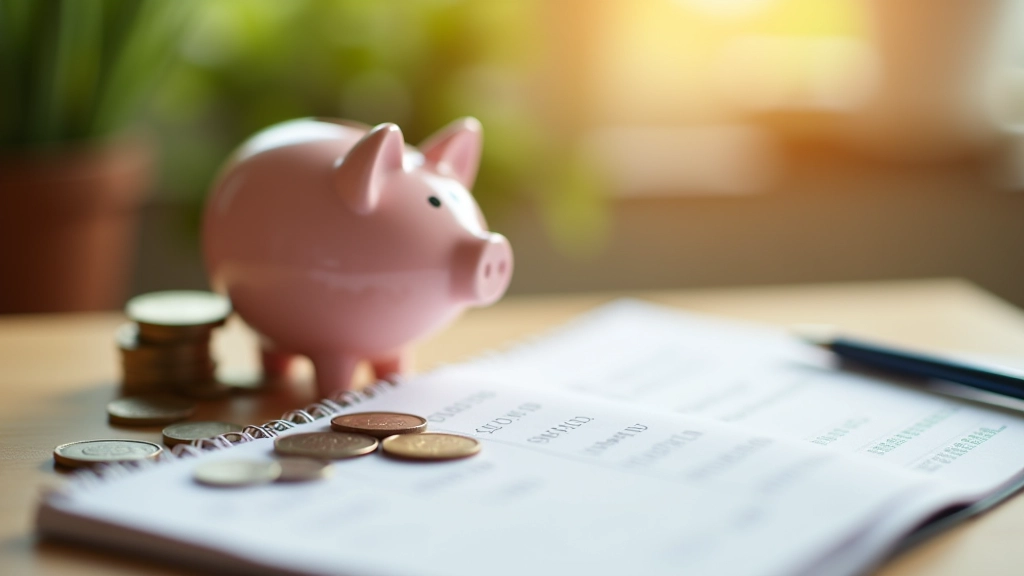 Ceramic piggy bank with stacked coins beside it representing savings