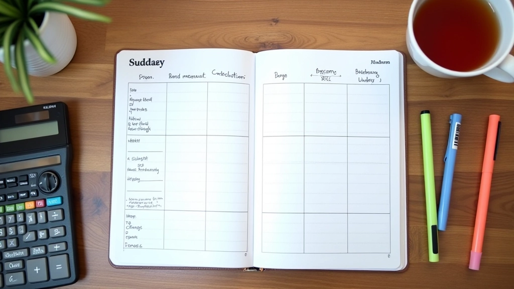 Open monthly budget planner with pen and financial notes displayed