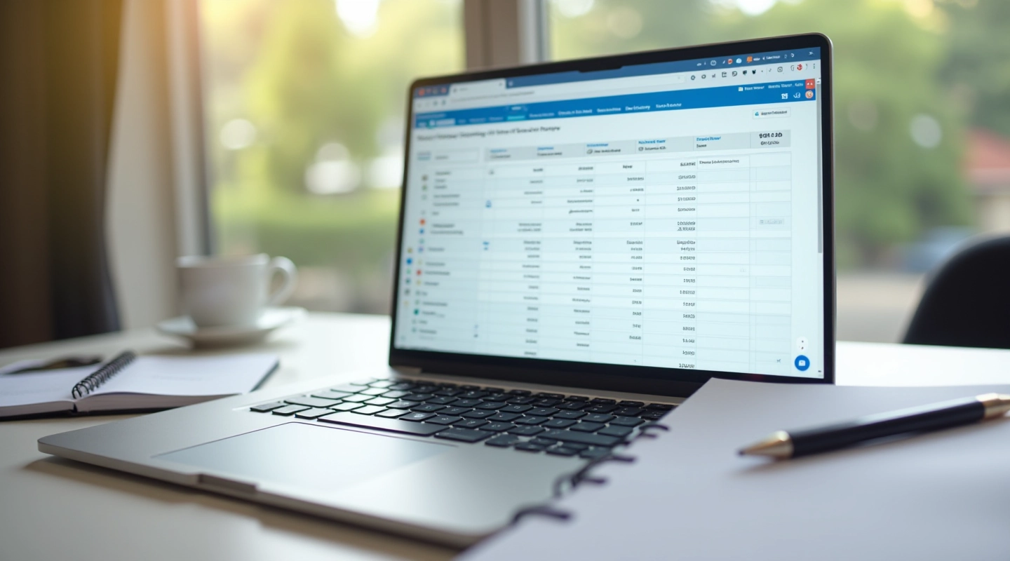 Spreadsheet with financial tracking columns on laptop screen showing income and expense categories